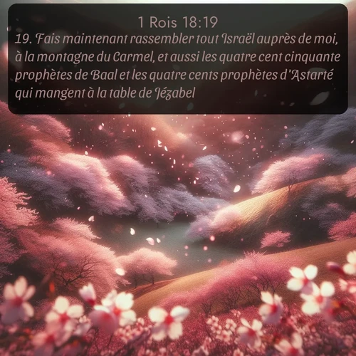 Segond 1 Rois  ; image nature: image avec le verset biblique :Fais maintenant rassembler tout Israël auprès de moi, à la montagne du Carmel, et aussi les quatre cent cinquante prophètes de Baal et les quatre cents prophètes d&#039;Astarté qui mangent à la table de Jézabel. ;  ; 18:19