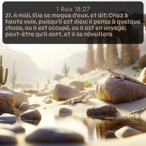 Segond 1 Rois  ; image nature: image avec le verset biblique :A midi, Elie se moqua d&#039;eux, et dit: Criez à haute voix, puisqu&#039;il est dieu; il pense à quelque chose, ou il est occupé, ou il est en voyage; peut-être qu&#039;il dort, et il se réveillera. ;  ; 18:27