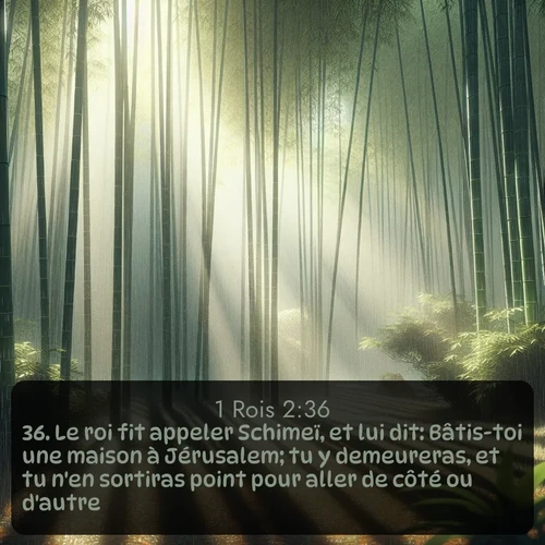Segond 1 Rois  ; image nature: image avec le verset biblique :Le roi fit appeler Schimeï, et lui dit: Bâtis-toi une maison à Jérusalem; tu y demeureras, et tu n&#039;en sortiras point pour aller de côté ou d&#039;autre. ;  ; 2:36