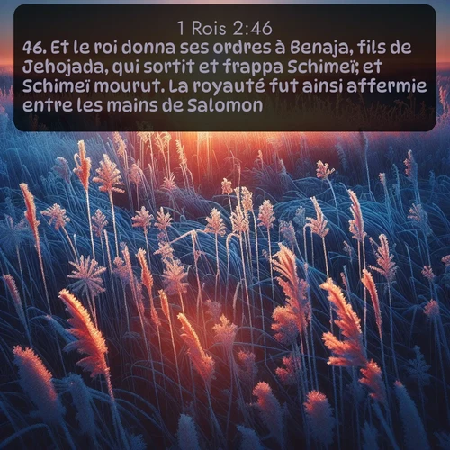 Segond 1 Rois  ; image nature: image avec le verset biblique :Et le roi donna ses ordres à Benaja, fils de Jehojada, qui sortit et frappa Schimeï; et Schimeï mourut. La royauté fut ainsi affermie entre les mains de Salomon. ;  ; 2:46
