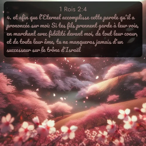 Segond 1 Rois  ; image nature: image avec le verset biblique :et afin que l&#039;Eternel accomplisse cette parole qu&#039;il a prononcée sur moi: Si tes fils prennent garde à leur voie, en marchant avec fidélité devant moi, de tout leur coeur, et de toute leur âme, tu ne manqueras jamais d&#039;un successeur sur le trône d&#039;Israël. ;  ; 2:4