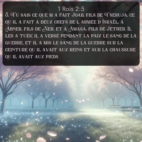 Segond 1 Rois  ; image nature: image avec le verset biblique :Tu sais ce que m&#039;a fait Joab, fils de Tseruja, ce qu&#039;il a fait à deux chefs de l&#039;armée d&#039;Israël, à Abner, fils de Ner, et à Amasa, fils de Jéther. Il les a tués; il a versé pendant la paix le sang de la guerre, et il a mis le sang de la guerre sur la ceinture qu&#039;il avait aux reins et sur la chaussure qu&#039;il avait aux pieds. ;  ; 2:5