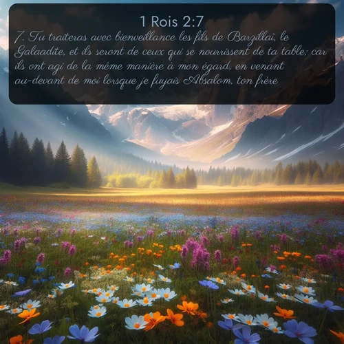 Segond 1 Rois  ; image nature: image avec le verset biblique :Tu traiteras avec bienveillance les fils de Barzillaï, le Galaadite, et ils seront de ceux qui se nourrissent de ta table; car ils ont agi de la même manière à mon égard, en venant au-devant de moi lorsque je fuyais Absalom, ton frère. ;  ; 2:7