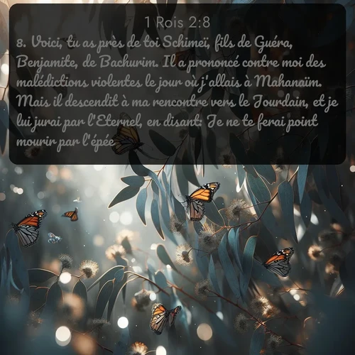 Segond 1 Rois  ; image nature: image avec le verset biblique :Voici, tu as près de toi Schimeï, fils de Guéra, Benjamite, de Bachurim. Il a prononcé contre moi des malédictions violentes le jour où j&#039;allais à Mahanaïm. Mais il descendit à ma rencontre vers le Jourdain, et je lui jurai par l&#039;Eternel, en disant: Je ne te ferai point mourir par l&#039;épée. ;  ; 2:8