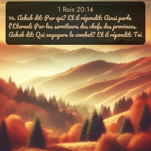 Segond 1 Rois  ; image nature: image avec le verset biblique :Achab dit: Par qui? Et il répondit: Ainsi parle l&#039;Eternel: Par les serviteurs des chefs des provinces. Achab dit: Qui engagera le combat? Et il répondit: Toi. ;  ; 20:14