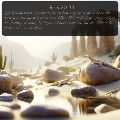 Segond 1 Rois  ; image nature: image avec le verset biblique :Ces hommes tirèrent de là un bon augure, et ils se hâtèrent de le prendre au mot et de dire: Ben-Hadad est ton frère! Et il dit: Allez, amenez-le. Ben-Hadad vint vers lui, et Achab le fit monter sur son char. ;  ; 20:33