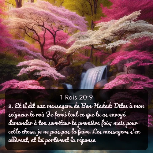 Segond 1 Rois  ; image nature: image avec le verset biblique :Et il dit aux messagers de Ben-Hadad: Dites à mon seigneur le roi: Je ferai tout ce que tu as envoyé demander à ton serviteur la première fois; mais pour cette chose, je ne puis pas la faire. Les messagers s&#039;en allèrent, et lui portèrent la réponse. ;  ; 20:9