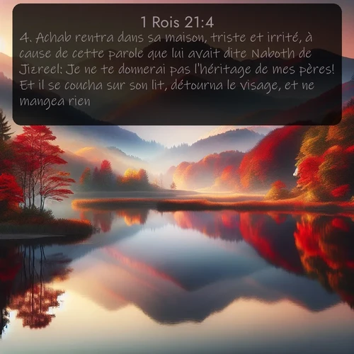Segond 1 Rois  ; image nature: image avec le verset biblique :Achab rentra dans sa maison, triste et irrité, à cause de cette parole que lui avait dite Naboth de Jizreel: Je ne te donnerai pas l&#039;héritage de mes pères! Et il se coucha sur son lit, détourna le visage, et ne mangea rien. ;  ; 21:4