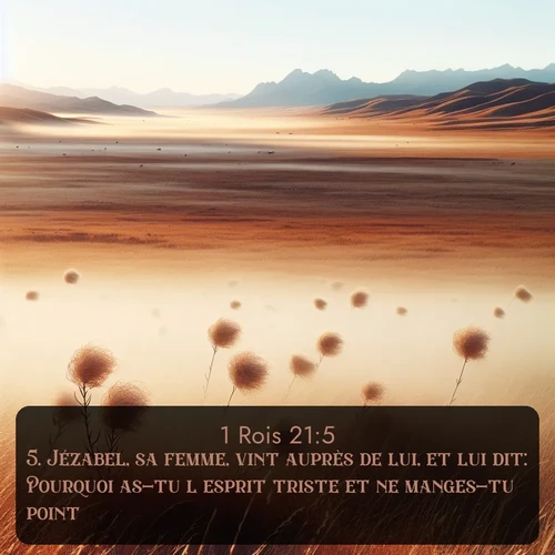 Segond 1 Rois  ; image nature: image avec le verset biblique :Jézabel, sa femme, vint auprès de lui, et lui dit: Pourquoi as-tu l&#039;esprit triste et ne manges-tu point? ;  ; 21:5