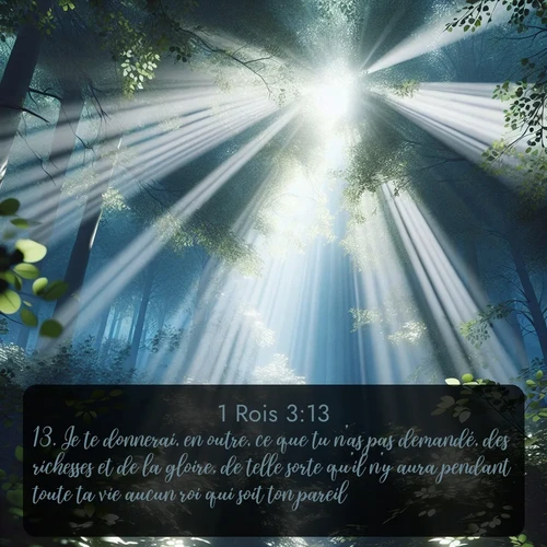 Segond 1 Rois  ; image nature: image avec le verset biblique :Je te donnerai, en outre, ce que tu n&#039;as pas demandé, des richesses et de la gloire, de telle sorte qu&#039;il n&#039;y aura pendant toute ta vie aucun roi qui soit ton pareil. ;  ; 3:13
