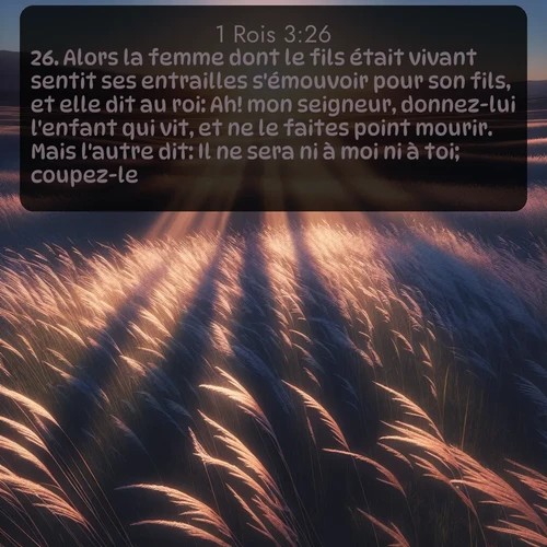 Segond 1 Rois  ; image nature: image avec le verset biblique :Alors la femme dont le fils était vivant sentit ses entrailles s&#039;émouvoir pour son fils, et elle dit au roi: Ah! mon seigneur, donnez-lui l&#039;enfant qui vit, et ne le faites point mourir. Mais l&#039;autre dit: Il ne sera ni à moi ni à toi; coupez-le! ;  ; 3:26