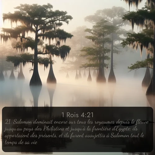 Segond 1 Rois  ; image nature: image avec le verset biblique :Salomon dominait encore sur tous les royaumes depuis le fleuve jusqu&#039;au pays des Philistins et jusqu&#039;à la frontière d&#039;Egypte; ils apportaient des présents, et ils furent assujettis à Salomon tout le temps de sa vie. ;  ; 4:21