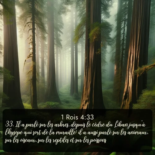Segond 1 Rois  ; image nature: image avec le verset biblique :Il a parlé sur les arbres, depuis le cèdre du Liban jusqu&#039;à l&#039;hysope qui sort de la muraille; il a aussi parlé sur les animaux, sur les oiseaux, sur les reptiles et sur les poissons. ;  ; 4:33