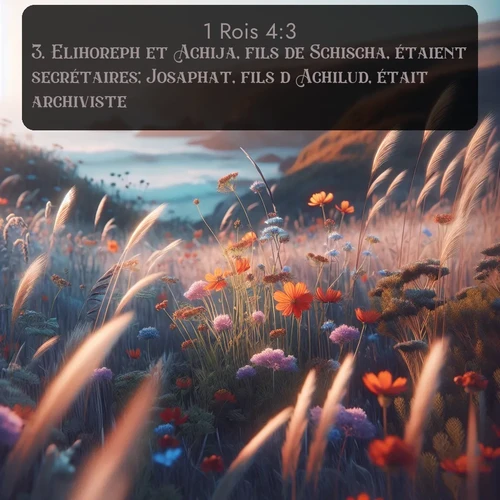 Segond 1 Rois  ; image nature: image avec le verset biblique :Elihoreph et Achija, fils de Schischa, étaient secrétaires; Josaphat, fils d&#039;Achilud, était archiviste; ;  ; 4:3