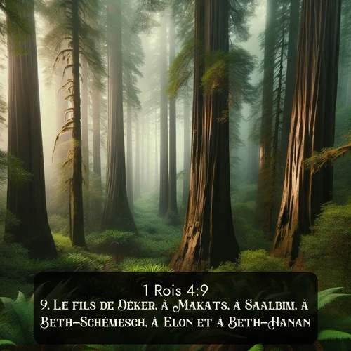 Segond 1 Rois  ; image nature: image avec le verset biblique :Le fils de Déker, à Makats, à Saalbim, à Beth-Schémesch, à Elon et à Beth-Hanan. ;  ; 4:9