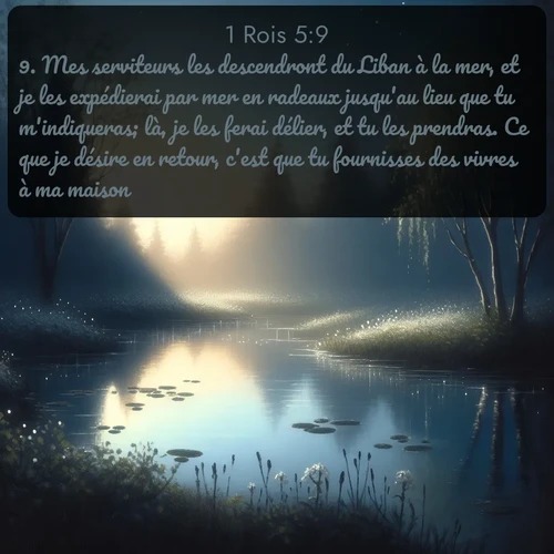 Segond 1 Rois  ; image nature: image avec le verset biblique :Mes serviteurs les descendront du Liban à la mer, et je les expédierai par mer en radeaux jusqu&#039;au lieu que tu m&#039;indiqueras; là, je les ferai délier, et tu les prendras. Ce que je désire en retour, c&#039;est que tu fournisses des vivres à ma maison. ;  ; 5:9