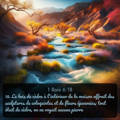 Segond 1 Rois  ; image nature: image avec le verset biblique :Le bois de cèdre à l&#039;intérieur de la maison offrait des sculptures de coloquintes et de fleurs épanouies; tout était de cèdre, on ne voyait aucune pierre. ;  ; 6:18