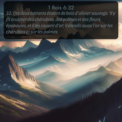 Segond 1 Rois  ; image nature: image avec le verset biblique :Les deux battants étaient de bois d&#039;olivier sauvage. Il y fit sculpter des chérubins, des palmes et des fleurs épanouies, et il les couvrit d&#039;or; il étendit aussi l&#039;or sur les chérubins et sur les palmes. ;  ; 6:32