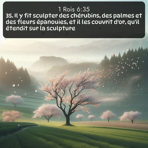 Segond 1 Rois  ; image nature: image avec le verset biblique :Il y fit sculpter des chérubins, des palmes et des fleurs épanouies, et il les couvrit d&#039;or, qu&#039;il étendit sur la sculpture. ;  ; 6:35