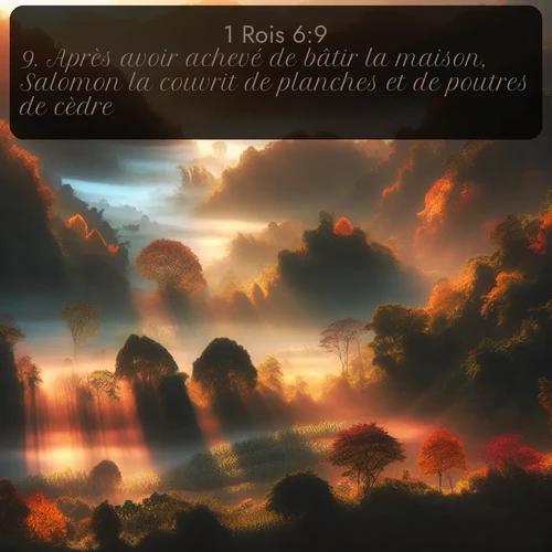Segond 1 Rois  ; image nature: image avec le verset biblique :Après avoir achevé de bâtir la maison, Salomon la couvrit de planches et de poutres de cèdre. ;  ; 6:9