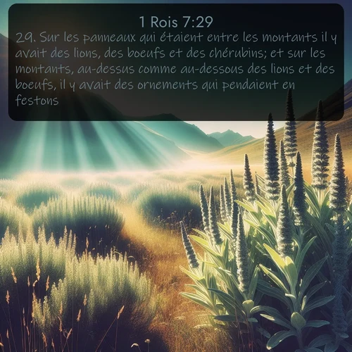 Segond 1 Rois  ; image nature: image avec le verset biblique :Sur les panneaux qui étaient entre les montants il y avait des lions, des boeufs et des chérubins; et sur les montants, au-dessus comme au-dessous des lions et des boeufs, il y avait des ornements qui pendaient en festons. ;  ; 7:29