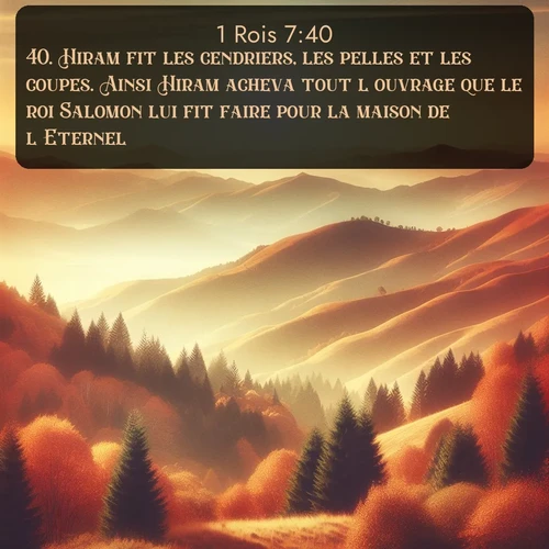 Segond 1 Rois  ; image nature: image avec le verset biblique :Hiram fit les cendriers, les pelles et les coupes. Ainsi Hiram acheva tout l&#039;ouvrage que le roi Salomon lui fit faire pour la maison de l&#039;Eternel; ;  ; 7:40