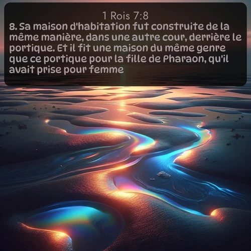 Segond 1 Rois  ; image nature: image avec le verset biblique :Sa maison d&#039;habitation fut construite de la même manière, dans une autre cour, derrière le portique. Et il fit une maison du même genre que ce portique pour la fille de Pharaon, qu&#039;il avait prise pour femme. ;  ; 7:8