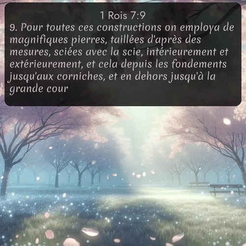 Segond 1 Rois  ; image nature: image avec le verset biblique :Pour toutes ces constructions on employa de magnifiques pierres, taillées d&#039;après des mesures, sciées avec la scie, intérieurement et extérieurement, et cela depuis les fondements jusqu&#039;aux corniches, et en dehors jusqu&#039;à la grande cour. ;  ; 7:9