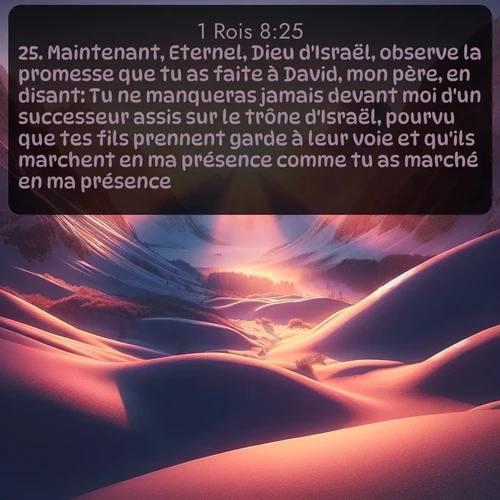 Segond 1 Rois  ; image nature: image avec le verset biblique :Maintenant, Eternel, Dieu d&#039;Israël, observe la promesse que tu as faite à David, mon père, en disant: Tu ne manqueras jamais devant moi d&#039;un successeur assis sur le trône d&#039;Israël, pourvu que tes fils prennent garde à leur voie et qu&#039;ils marchent en ma présence comme tu as marché en ma présence. ;  ; 8:25
