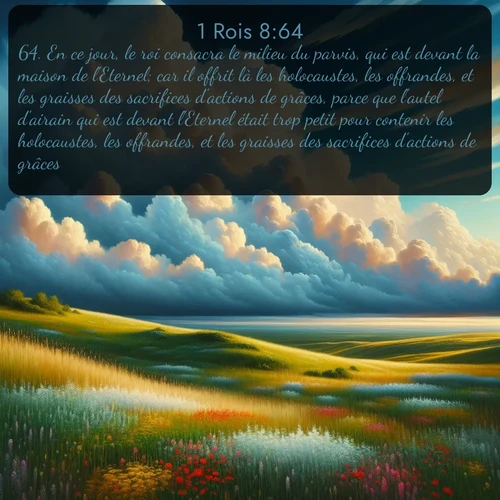Segond 1 Rois  ; image nature: image avec le verset biblique :En ce jour, le roi consacra le milieu du parvis, qui est devant la maison de l&#039;Eternel; car il offrit là les holocaustes, les offrandes, et les graisses des sacrifices d&#039;actions de grâces, parce que l&#039;autel d&#039;airain qui est devant l&#039;Eternel était trop petit pour contenir les holocaustes, les offrandes, et les graisses des sacrifices d&#039;actions de grâces. ;  ; 8:64