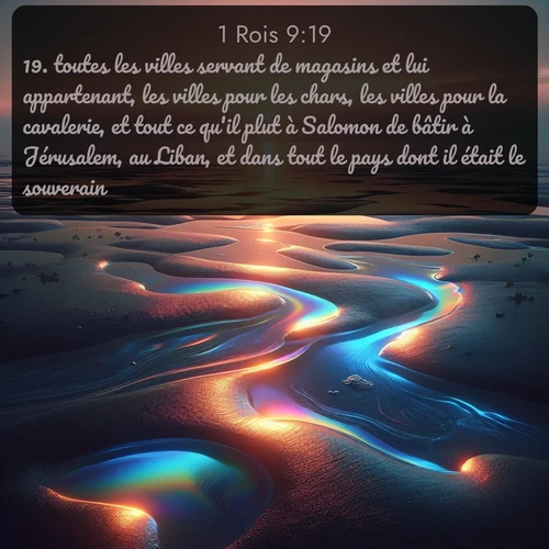 Segond 1 Rois  ; image nature: image avec le verset biblique :toutes les villes servant de magasins et lui appartenant, les villes pour les chars, les villes pour la cavalerie, et tout ce qu&#039;il plut à Salomon de bâtir à Jérusalem, au Liban, et dans tout le pays dont il était le souverain. ;  ; 9:19