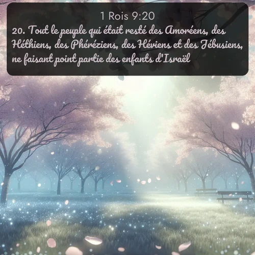 Segond 1 Rois  ; image nature: image avec le verset biblique :Tout le peuple qui était resté des Amoréens, des Héthiens, des Phéréziens, des Héviens et des Jébusiens, ne faisant point partie des enfants d&#039;Israël, ;  ; 9:20