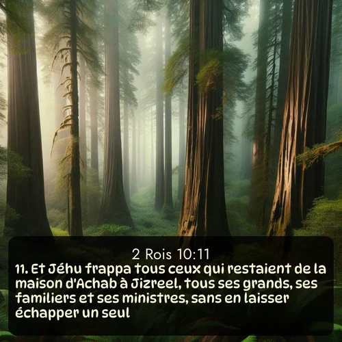 Segond 2 Rois  ; image nature: image avec le verset biblique :Et Jéhu frappa tous ceux qui restaient de la maison d&#039;Achab à Jizreel, tous ses grands, ses familiers et ses ministres, sans en laisser échapper un seul. ;  ; 10:11