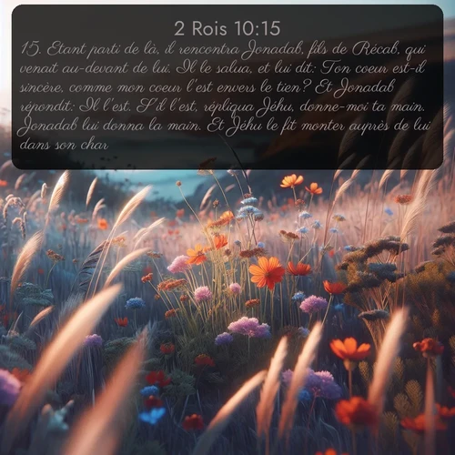 Segond 2 Rois  ; image nature: image avec le verset biblique :Etant parti de là, il rencontra Jonadab, fils de Récab, qui venait au-devant de lui. Il le salua, et lui dit: Ton coeur est-il sincère, comme mon coeur l&#039;est envers le tien? Et Jonadab répondit: Il l&#039;est. S&#039;il l&#039;est, répliqua Jéhu, donne-moi ta main. Jonadab lui donna la main. Et Jéhu le fit monter auprès de lui dans son char, ;  ; 10:15