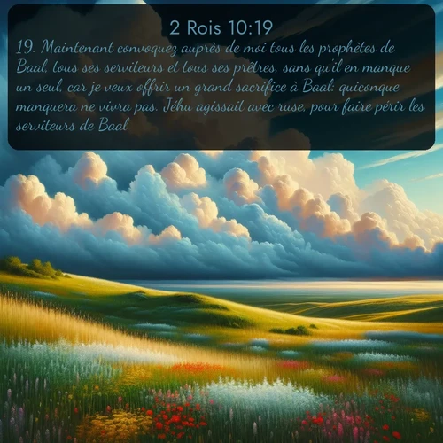 Segond 2 Rois  ; image nature: image avec le verset biblique :Maintenant convoquez auprès de moi tous les prophètes de Baal, tous ses serviteurs et tous ses prêtres, sans qu&#039;il en manque un seul, car je veux offrir un grand sacrifice à Baal: quiconque manquera ne vivra pas. Jéhu agissait avec ruse, pour faire périr les serviteurs de Baal. ;  ; 10:19