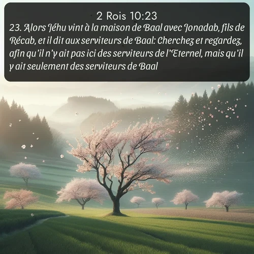 Segond 2 Rois  ; image nature: image avec le verset biblique :Alors Jéhu vint à la maison de Baal avec Jonadab, fils de Récab, et il dit aux serviteurs de Baal: Cherchez et regardez, afin qu&#039;il n&#039;y ait pas ici des serviteurs de l&#039;Eternel, mais qu&#039;il y ait seulement des serviteurs de Baal. ;  ; 10:23