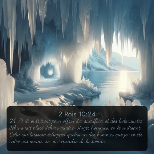 Segond 2 Rois  ; image nature: image avec le verset biblique :Et ils entrèrent pour offrir des sacrifices et des holocaustes. Jéhu avait placé dehors quatre-vingts hommes, en leur disant: Celui qui laissera échapper quelqu&#039;un des hommes que je remets entre vos mains, sa vie répondra de la sienne. ;  ; 10:24