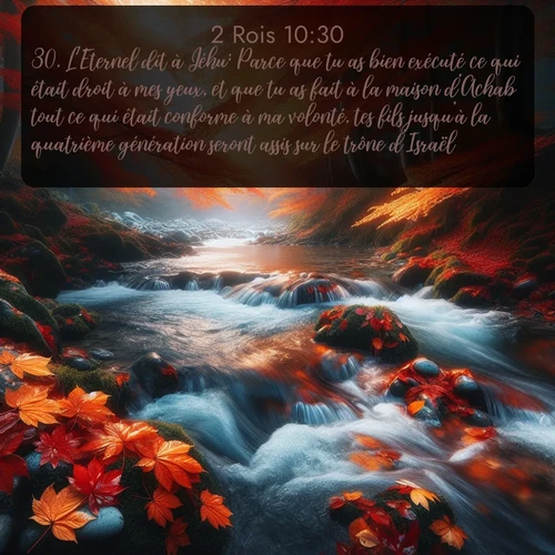 Segond 2 Rois  ; image nature: image avec le verset biblique :L&#039;Eternel dit à Jéhu: Parce que tu as bien exécuté ce qui était droit à mes yeux, et que tu as fait à la maison d&#039;Achab tout ce qui était conforme à ma volonté, tes fils jusqu&#039;à la quatrième génération seront assis sur le trône d&#039;Israël. ;  ; 10:30