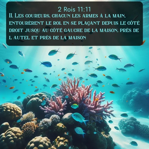 Segond 2 Rois  ; image nature: image avec le verset biblique :Les coureurs, chacun les armes à la main, entourèrent le roi, en se plaçant depuis le côté droit jusqu&#039;au côté gauche de la maison, près de l&#039;autel et près de la maison. ;  ; 11:11
