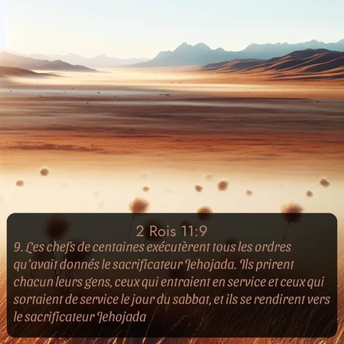 Segond 2 Rois  ; image nature: image avec le verset biblique :Les chefs de centaines exécutèrent tous les ordres qu&#039;avait donnés le sacrificateur Jehojada. Ils prirent chacun leurs gens, ceux qui entraient en service et ceux qui sortaient de service le jour du sabbat, et ils se rendirent vers le sacrificateur Jehojada. ;  ; 11:9