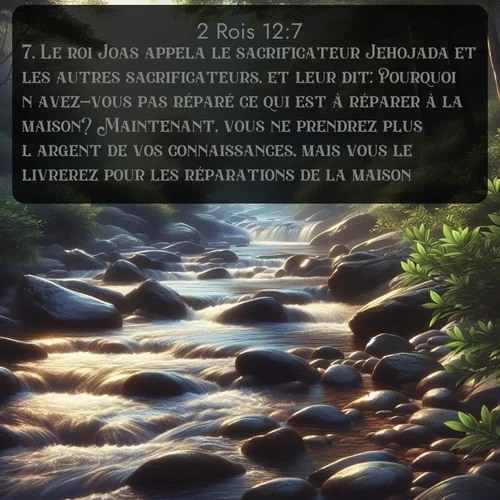 Segond 2 Rois  ; image nature: image avec le verset biblique :Le roi Joas appela le sacrificateur Jehojada et les autres sacrificateurs, et leur dit: Pourquoi n&#039;avez-vous pas réparé ce qui est à réparer à la maison? Maintenant, vous ne prendrez plus l&#039;argent de vos connaissances, mais vous le livrerez pour les réparations de la maison. ;  ; 12:7