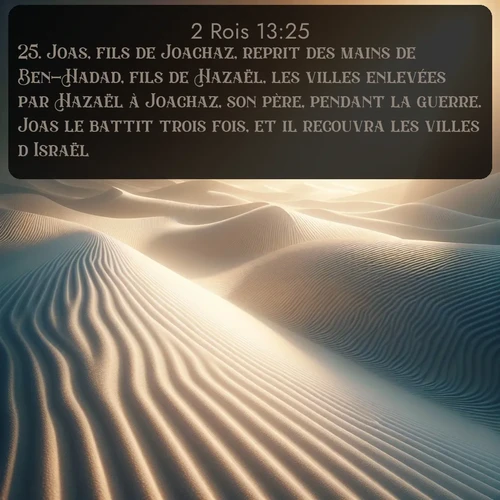 Segond 2 Rois  ; image nature: image avec le verset biblique :Joas, fils de Joachaz, reprit des mains de Ben-Hadad, fils de Hazaël, les villes enlevées par Hazaël à Joachaz, son père, pendant la guerre. Joas le battit trois fois, et il recouvra les villes d&#039;Israël. ;  ; 13:25