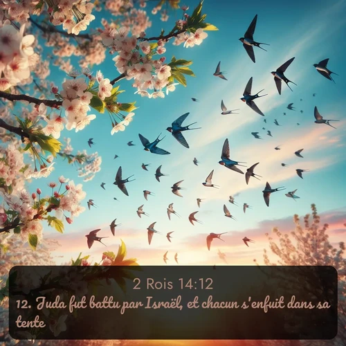 Segond 2 Rois  ; image nature: image avec le verset biblique :Juda fut battu par Israël, et chacun s&#039;enfuit dans sa tente. ;  ; 14:12