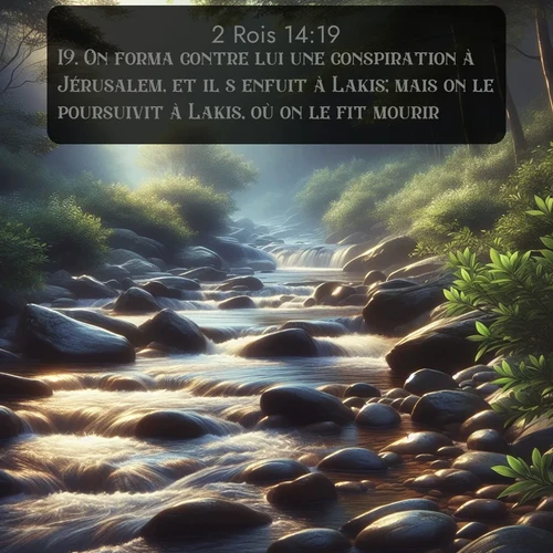 Segond 2 Rois  ; image nature: image avec le verset biblique :On forma contre lui une conspiration à Jérusalem, et il s&#039;enfuit à Lakis; mais on le poursuivit à Lakis, où on le fit mourir. ;  ; 14:19