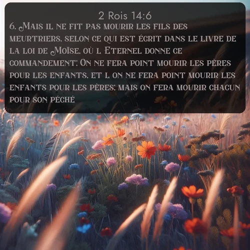 Segond 2 Rois  ; image nature: image avec le verset biblique :Mais il ne fit pas mourir les fils des meurtriers, selon ce qui est écrit dans le livre de la loi de Moïse, où l&#039;Eternel donne ce commandement: On ne fera point mourir les pères pour les enfants, et l&#039;on ne fera point mourir les enfants pour les pères; mais on fera mourir chacun pour son péché. ;  ; 14:6