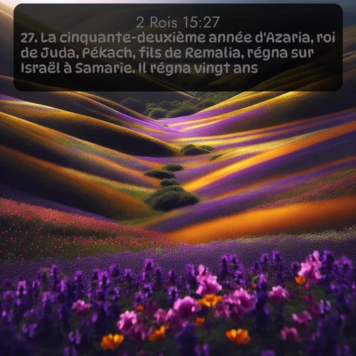 Segond 2 Rois  ; image nature: image avec le verset biblique :La cinquante-deuxième année d&#039;Azaria, roi de Juda, Pékach, fils de Remalia, régna sur Israël à Samarie. Il régna vingt ans. ;  ; 15:27