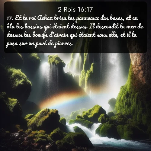 Segond 2 Rois  ; image nature: image avec le verset biblique :Et le roi Achaz brisa les panneaux des bases, et en ôta les bassins qui étaient dessus. Il descendit la mer de dessus les boeufs d&#039;airain qui étaient sous elle, et il la posa sur un pavé de pierres. ;  ; 16:17