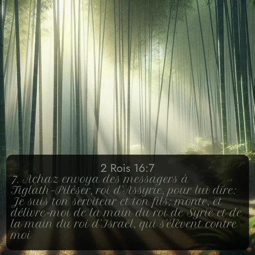 Segond 2 Rois  ; image nature: image avec le verset biblique :Achaz envoya des messagers à Tiglath-Piléser, roi d&#039;Assyrie, pour lui dire: Je suis ton serviteur et ton fils; monte, et délivre-moi de la main du roi de Syrie et de la main du roi d&#039;Israël, qui s&#039;élèvent contre moi. ;  ; 16:7