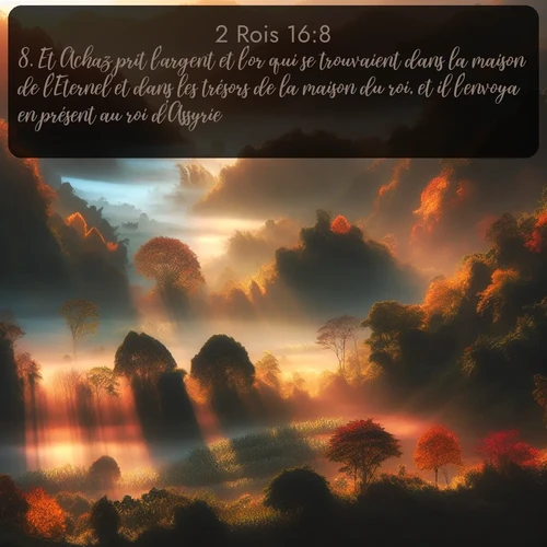 Segond 2 Rois  ; image nature: image avec le verset biblique :Et Achaz prit l&#039;argent et l&#039;or qui se trouvaient dans la maison de l&#039;Eternel et dans les trésors de la maison du roi, et il l&#039;envoya en présent au roi d&#039;Assyrie. ;  ; 16:8