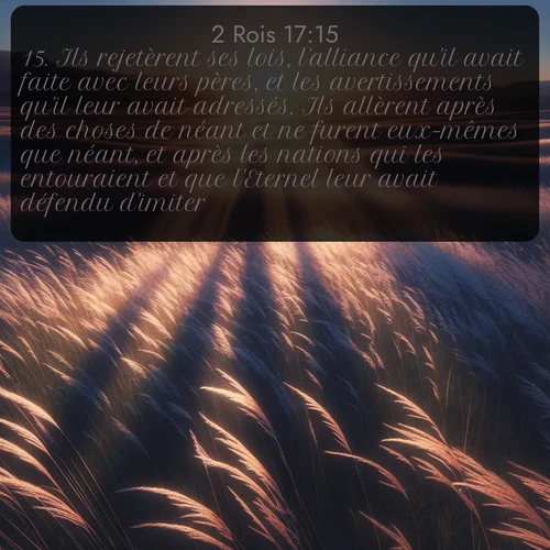 Segond 2 Rois  ; image nature: image avec le verset biblique :Ils rejetèrent ses lois, l&#039;alliance qu&#039;il avait faite avec leurs pères, et les avertissements qu&#039;il leur avait adressés. Ils allèrent après des choses de néant et ne furent eux-mêmes que néant, et après les nations qui les entouraient et que l&#039;Eternel leur avait défendu d&#039;imiter. ;  ; 17:15